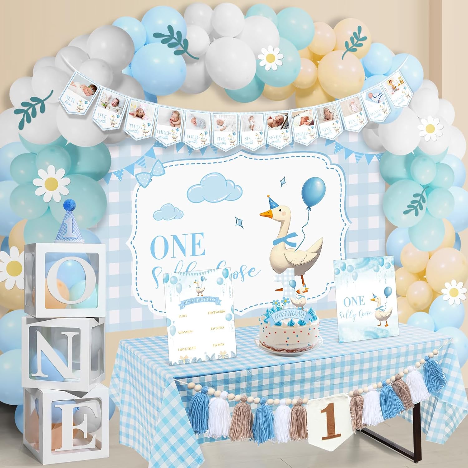134 Pcs One Silly Goose 1st Birthday Party Decorations Blue Silly Goose Baby Shower Gender Reveal Decor Backdrop 120 Balloon 3 Box Highchair Banner Monthly Photo Banner for Party Supplies