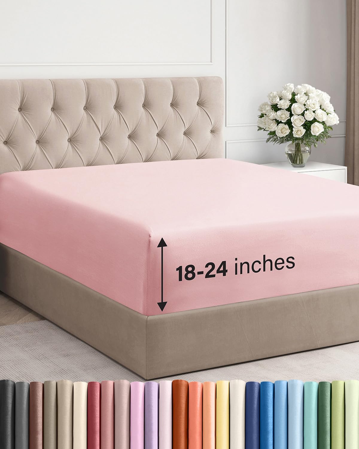 Extra Deep Queen Fitted Sheet - Hotel Luxury Single Fitted Sheet Only - Easily Fits 18 inch to 24 inch Mattress - Ultra Soft, Wrinkle & Fade Free w/Extra Deep Pockets - Breathable & Comfy - Baby Pink