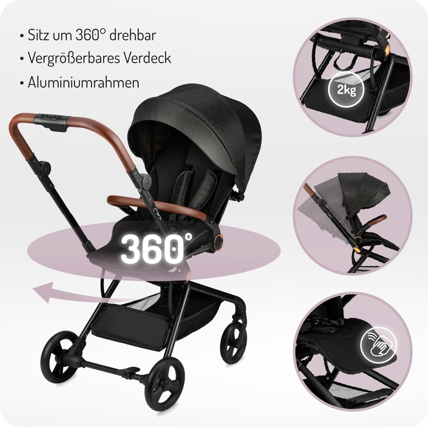 MoMi Kinderwagen ADELLE ab 6. Monat bis 22 kg klappbarer Buggy 360°-Sitz 5-Punkt-Sicherheitsgurt