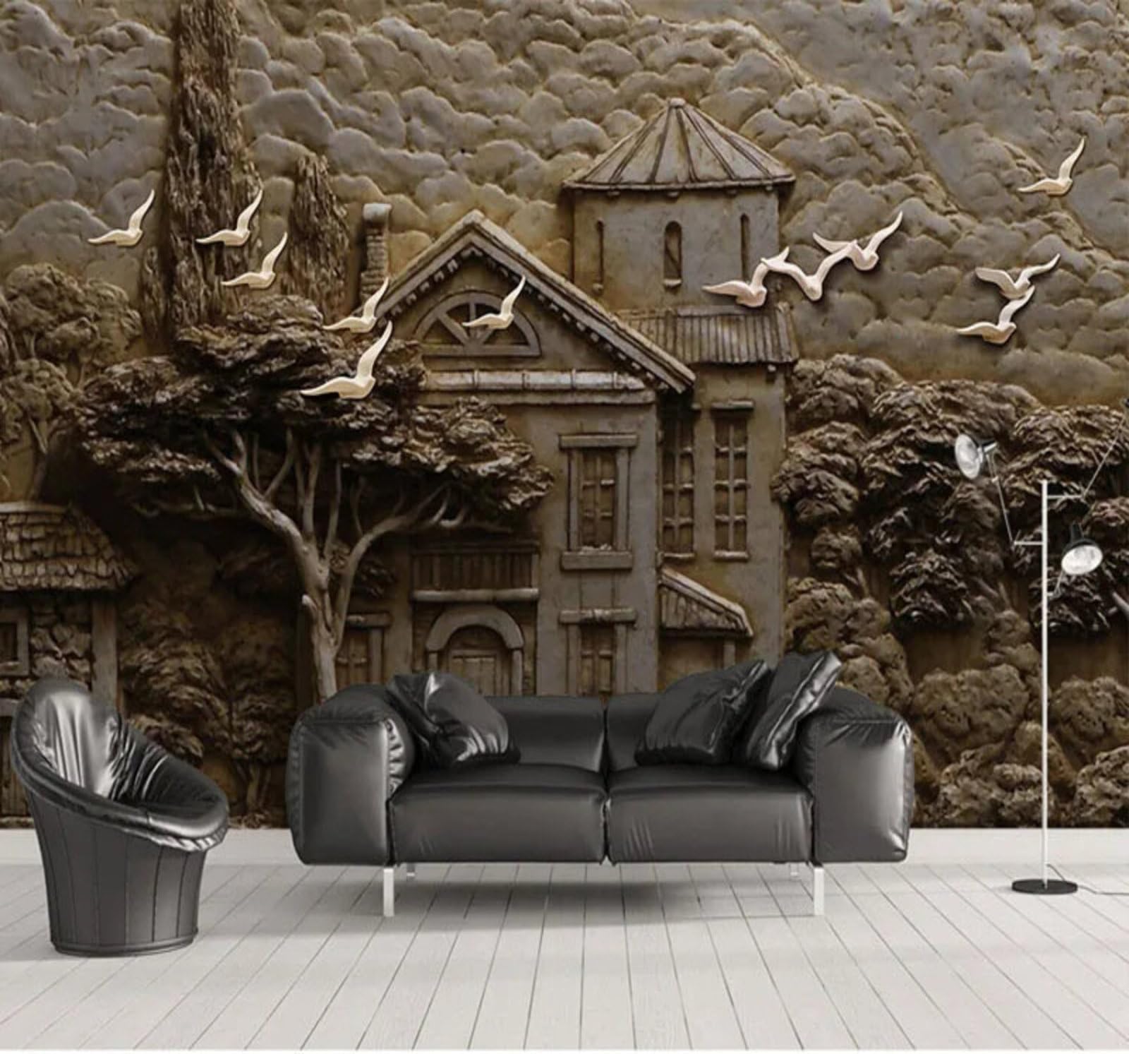 Wallpaper-3D-Xlm 350Cm×256Cm(B×H) Vintage Relief Birds Forest Houses 3D Wallpaper Easy Install Feature Office Living Room Sofa Bedroom Tv Background Wall Decoration-350Cm×256Cm