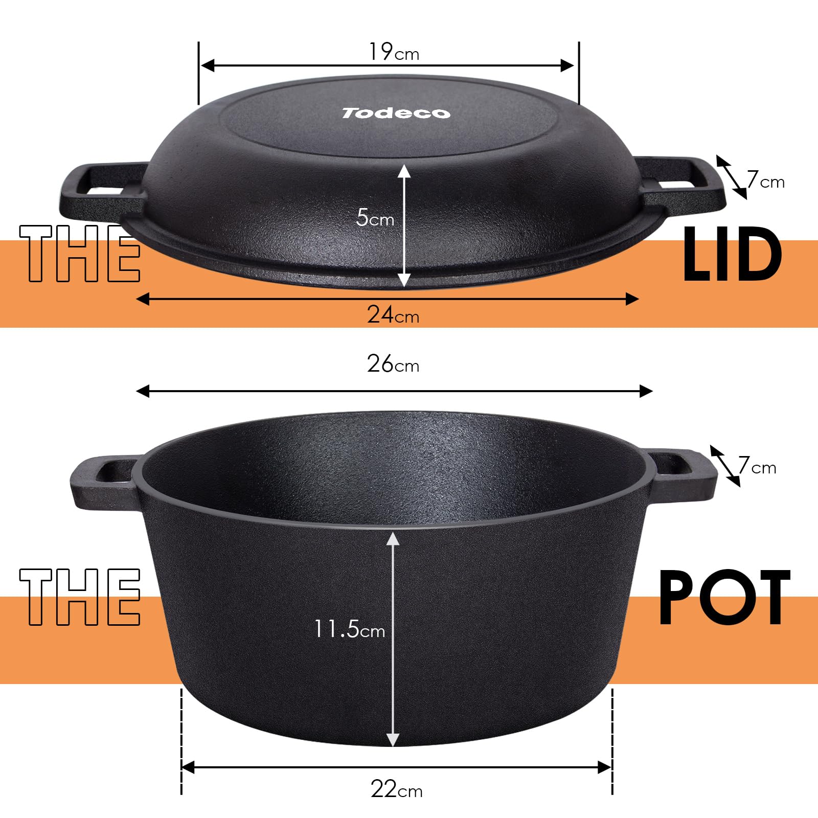Todeco 2 en 1 Marmite en Fonte avec couvercle de poêle, 5L Dual Function Casserole en fonte avec recette pour cuisine, Pré-assaisonné, pour cuisine, camping, barbecue, rôtir ou braiser