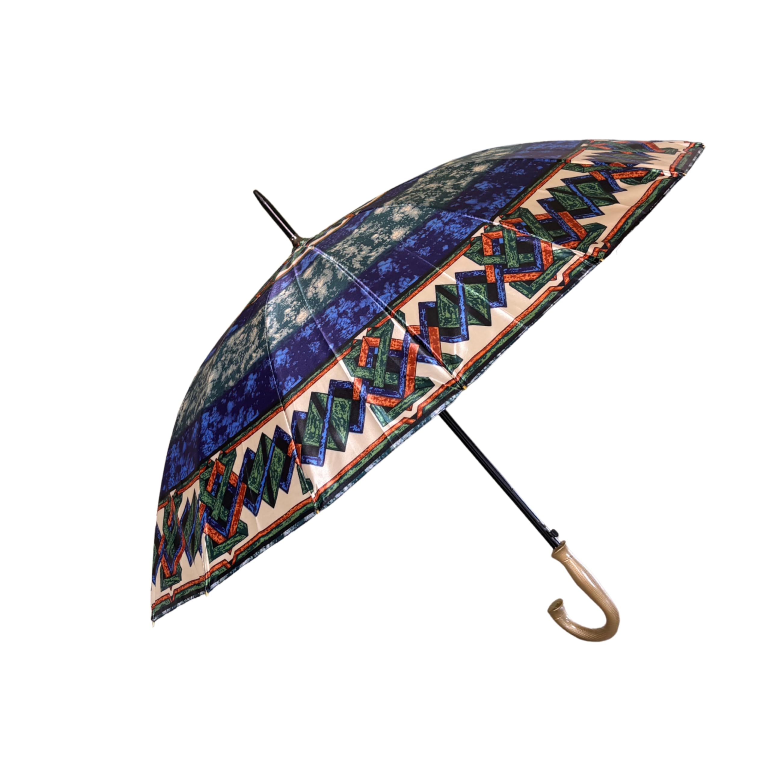 E Basket Geometric Print Stick Umbrella - Blue, Teal & Orange Tribal Pattern - Premium Gold Hook Handle - Rubber Canopy for Heavy Rain-image-39