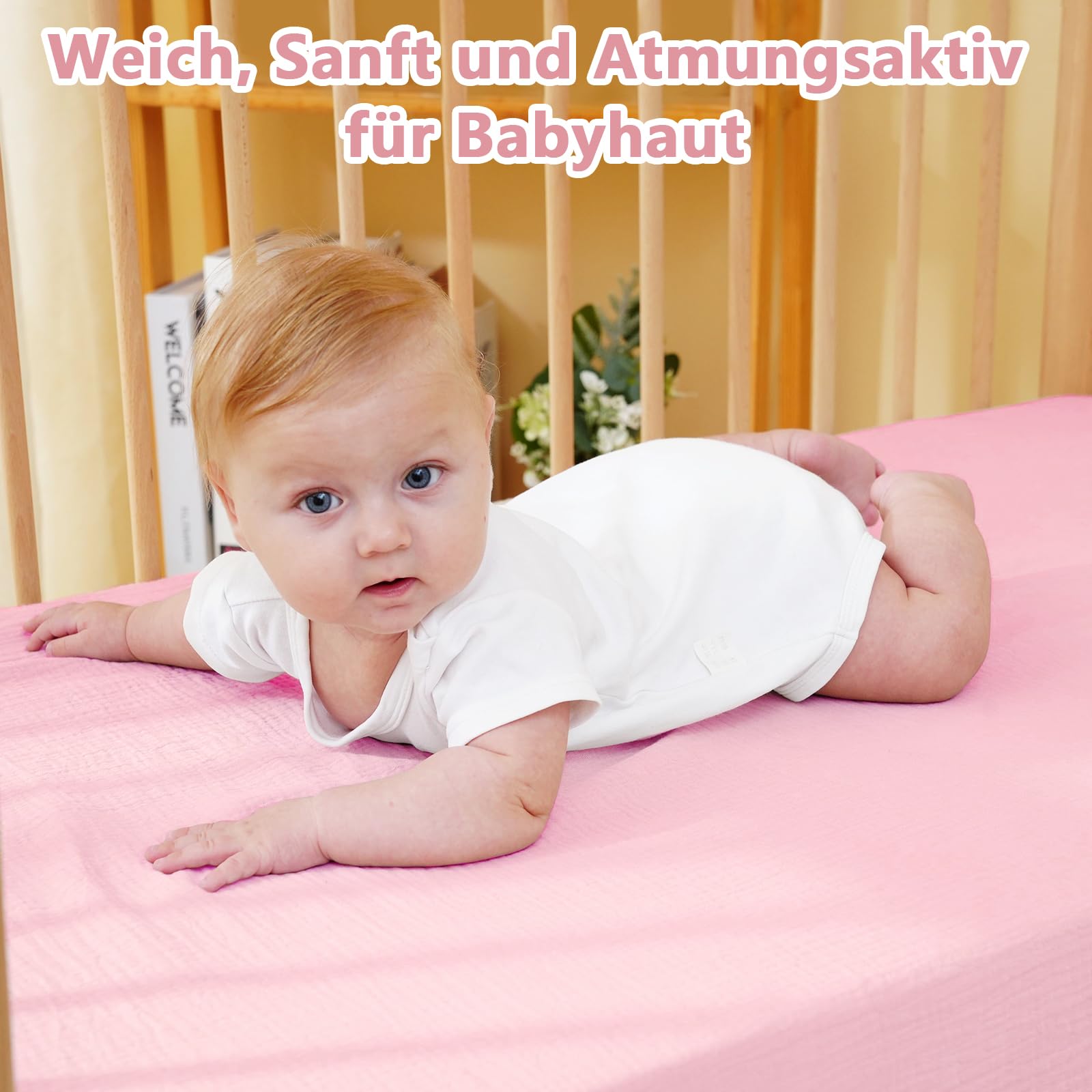 Drap-Housse pour lit bébé 60 x 120 cm, en 100% Mousseline de Coton, avec élastique sur Le pourtour, Doux et Respirant, pour lit d'enfant, lit à barreaux, lit d'appoint (Rose Princesse, 60 x 120 cm) - 4