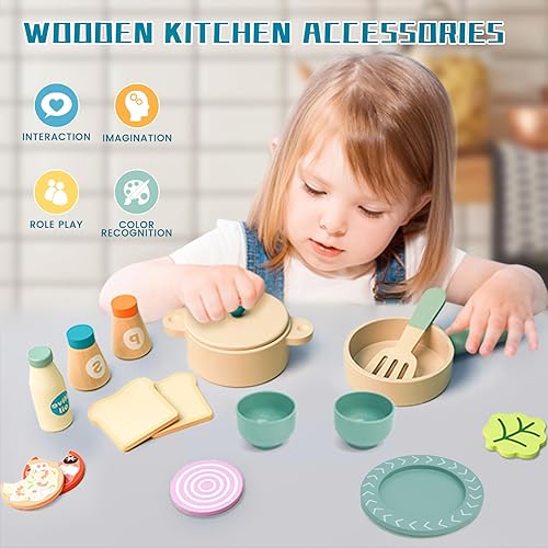 Miniatura 5 de Juego de cocina de madera, juego de cocina de 36 piezas para niños pequeños, juegos de comida para niños, accesorios de cocina de madera con comida
