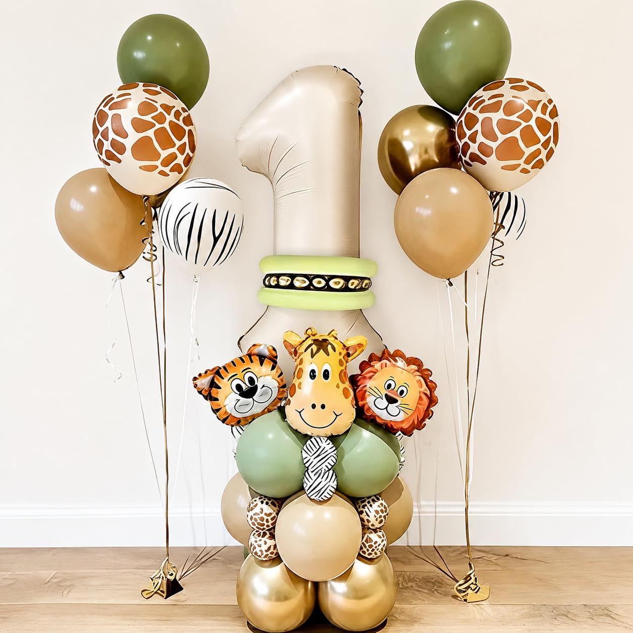40Pcs 1st Birthday Balloons, Jungle Safari Birthday Decorations with 40 Inch Number 1 Balloon, Animal Foil Balloons, for Boys and Girls Party Decor, Green Gold Beige