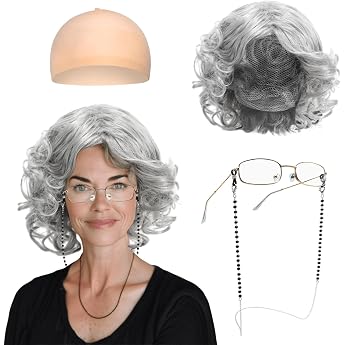 FUIPVGI Old Lady Costume Set Grey Grandma Wig Set with Grandma Wig Glasses and Chain Accessory Set Grandma Wig Cap for Halloween World Book Day Masquerade Carnival