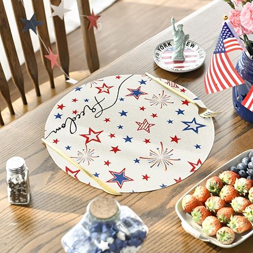 Miniatura 3 de Artoid Mode Juego de 4 manteles individuales redondos patrióticos Freedom Stars de 15 pulgadas, decoración del día de los veteranos, manteles