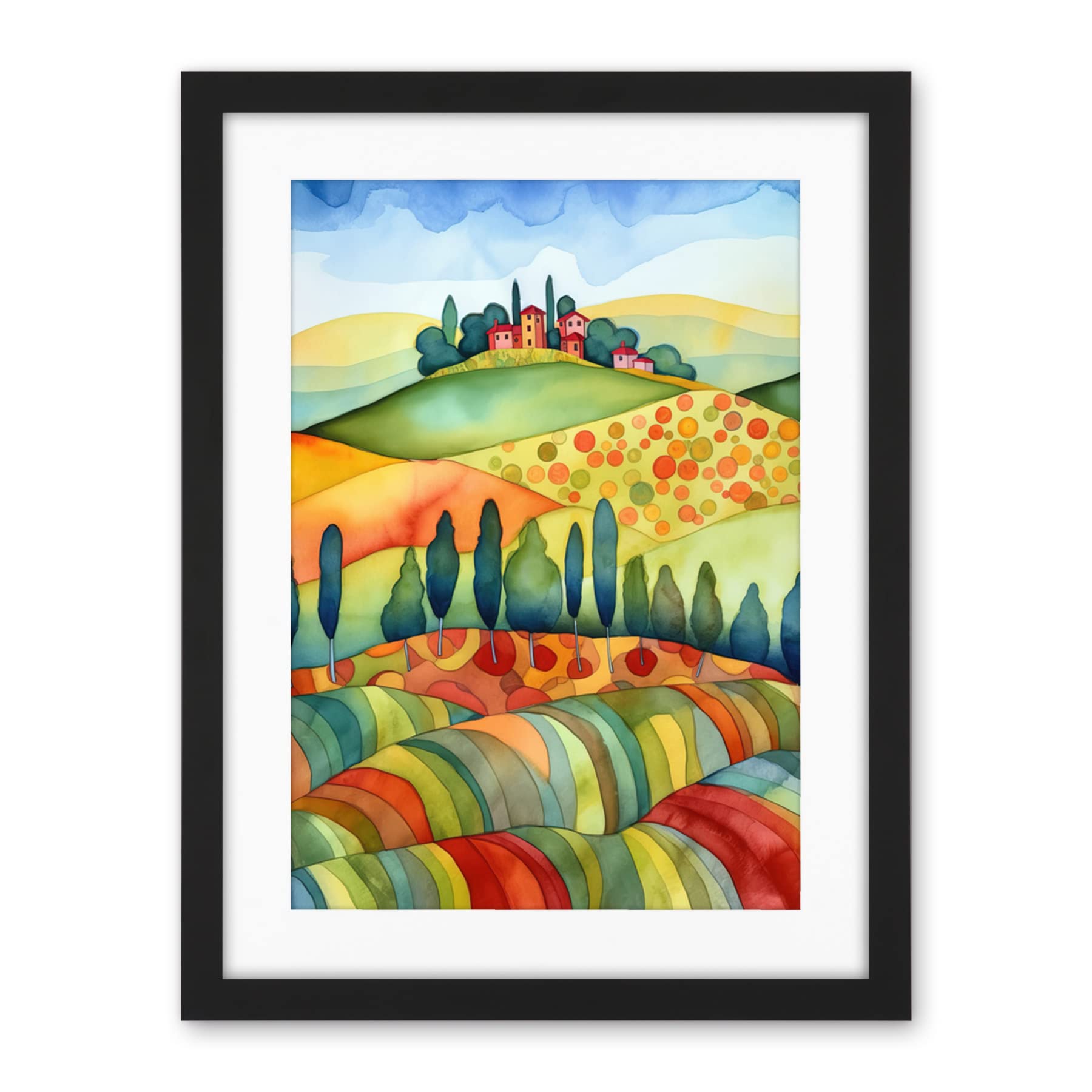 Artery8 Landscape Of Tuscany House On The Hill Folk Art Artwork Framed Wall Art Print 18X24 Inch