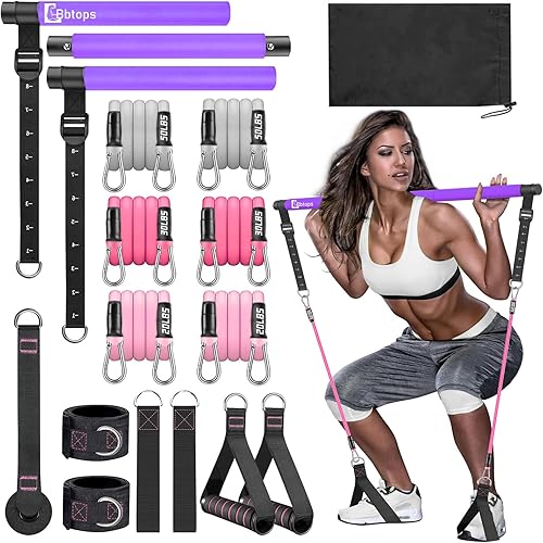 Miniatura 14 de Kit de barra de pilates Bbtops con bandas de resistencia, barra de pilates con bandas apilables, equipo de entrenamiento para piernas, cadera, Rosa