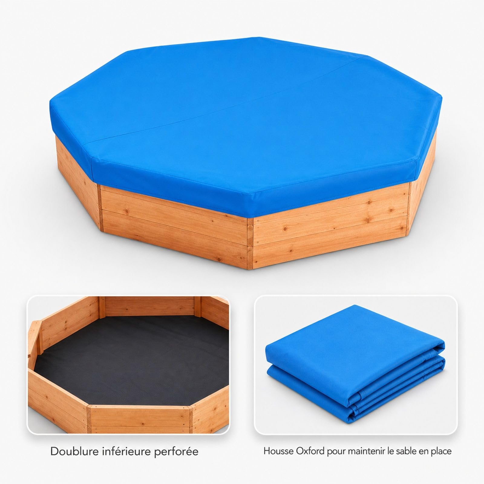Achteckiger Sandkasten aus Holz mit Abdeckung und 4 Sitzplätzen für Garten und Außenbereich