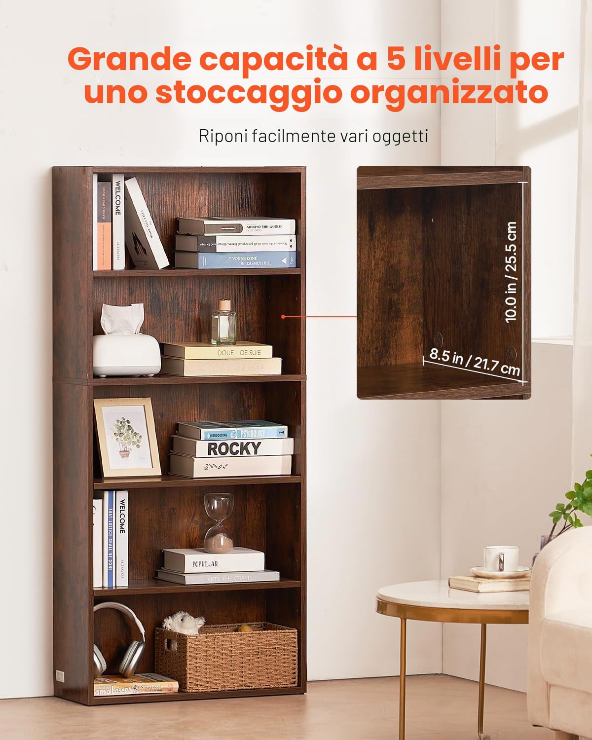 VEVOR Libreria Sottile a 5 Ripiani, Libreria Aperta in Legno 134,5 cm con Ripiano Regolabile in Altezza, Espositore da Pavimento Alto Autoportante, Scaffale per Biblioteca, Soggiorno, Ufficio, Marrone