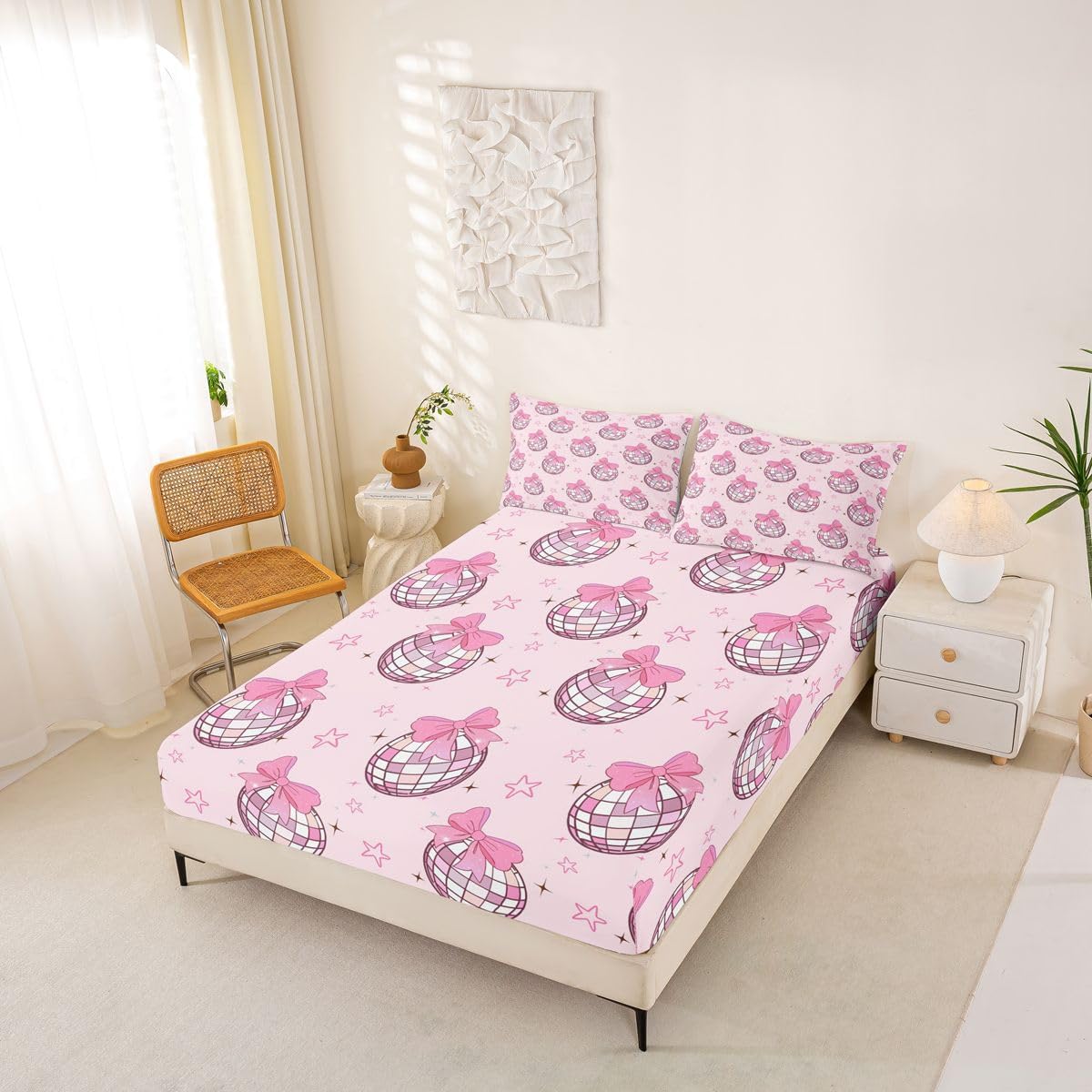 jejeloiu Kids Disco Mirror Ball Fitted Sheet Queen Size Pink Bow Bedding Set for Boys Girls Funky Cute Bed Sheet Set Bed Cover Deep Pocket Room Decor
