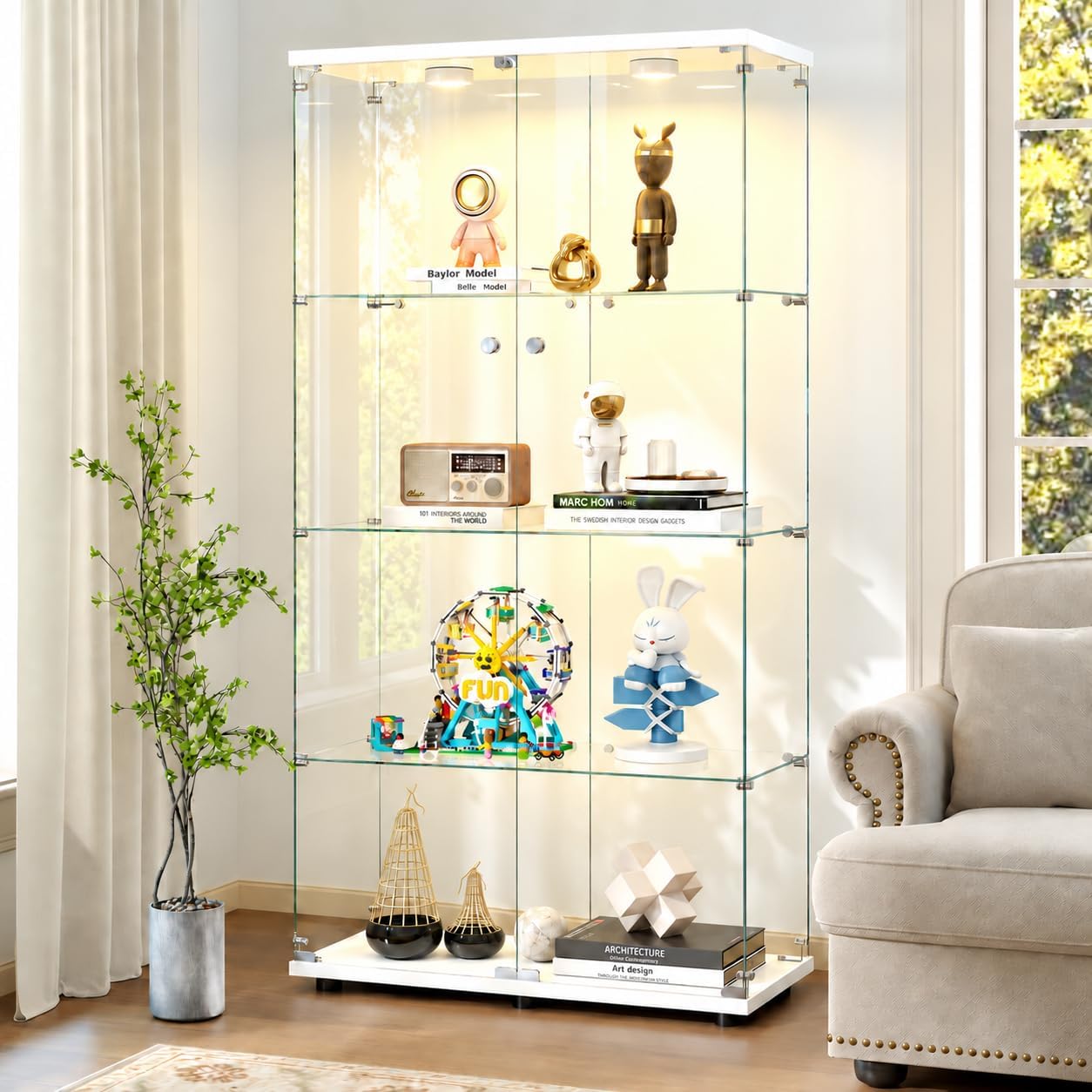 Zevemomo Glass Display Cabinet 4-Tier with Lights, Double Door, White | Curio Cabinet with Glass Doors and Lock, Glass Display Case for Collectibles, Living Room, Bedroom, Office