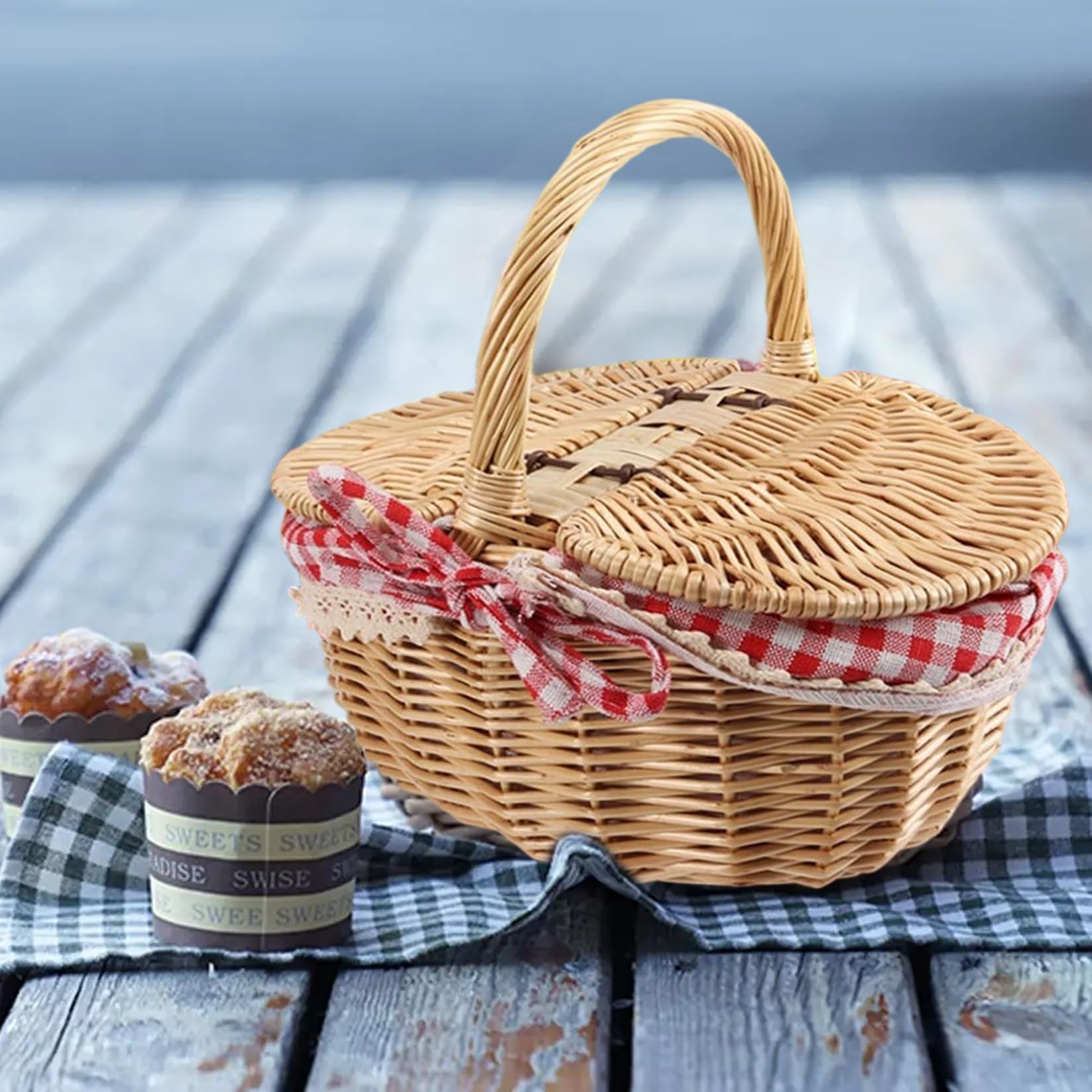 Cestino da picnic con coperchio, cestini in vimini con manici e rivestimento in tessuto di pizzo per raccogliere caramelle di frutta, picnic nuziale (9, 8x5, 5 pollici)