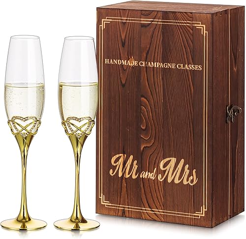 NUPTIO Copas de champán para regalo de boda  Juego de 2 copas de champán doradas con caja de regalo de madera, vidrio Prosecco personalizado con