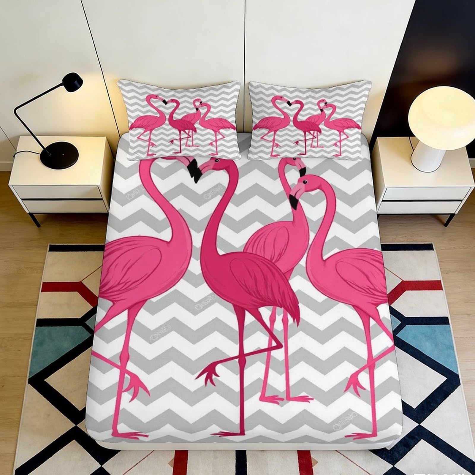 3D Printed Flamingo Pattern Fitted Sheet Microfiber Soft Breathable Chevron Bed Cover for Bedroom Dormitory Guest Room Mattress Protection 160x200x25cm