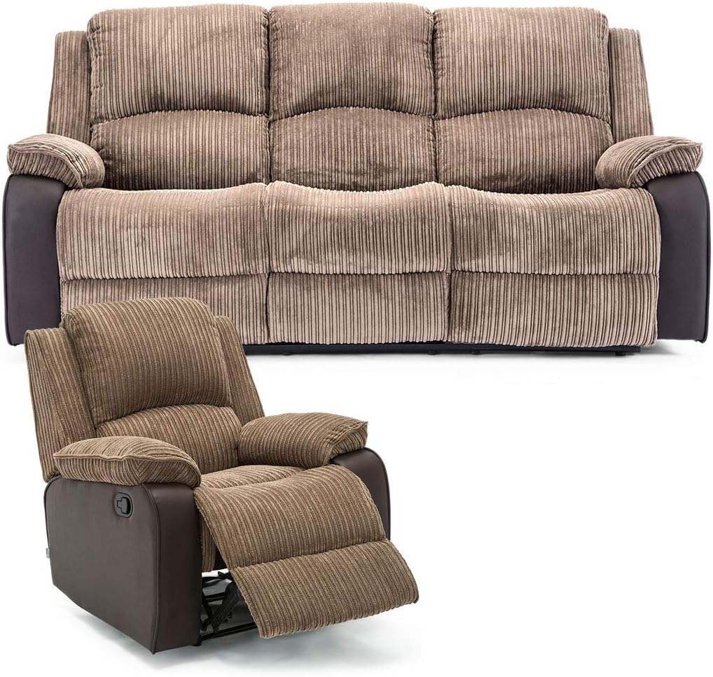 More4Homes POSTANA HIGH BACK JUMBO CORD FABRIC RECLINER 3 + 2 + 1 SOFA ARMCHAIR SET SUITE (Brown