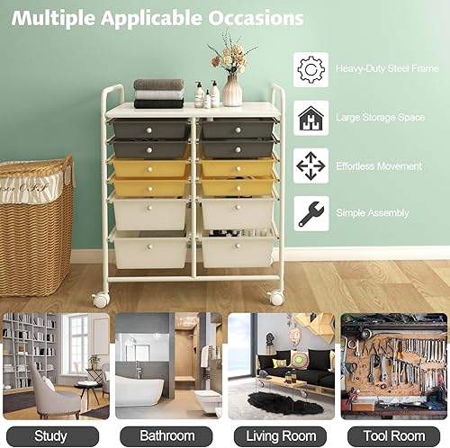 Miniatura 9 de Topment Carrito de almacenamiento con ruedas de 12 cajones, carrito organizador móvil multiusos, carrito de utilidad para el hogar, oficina, escuela
