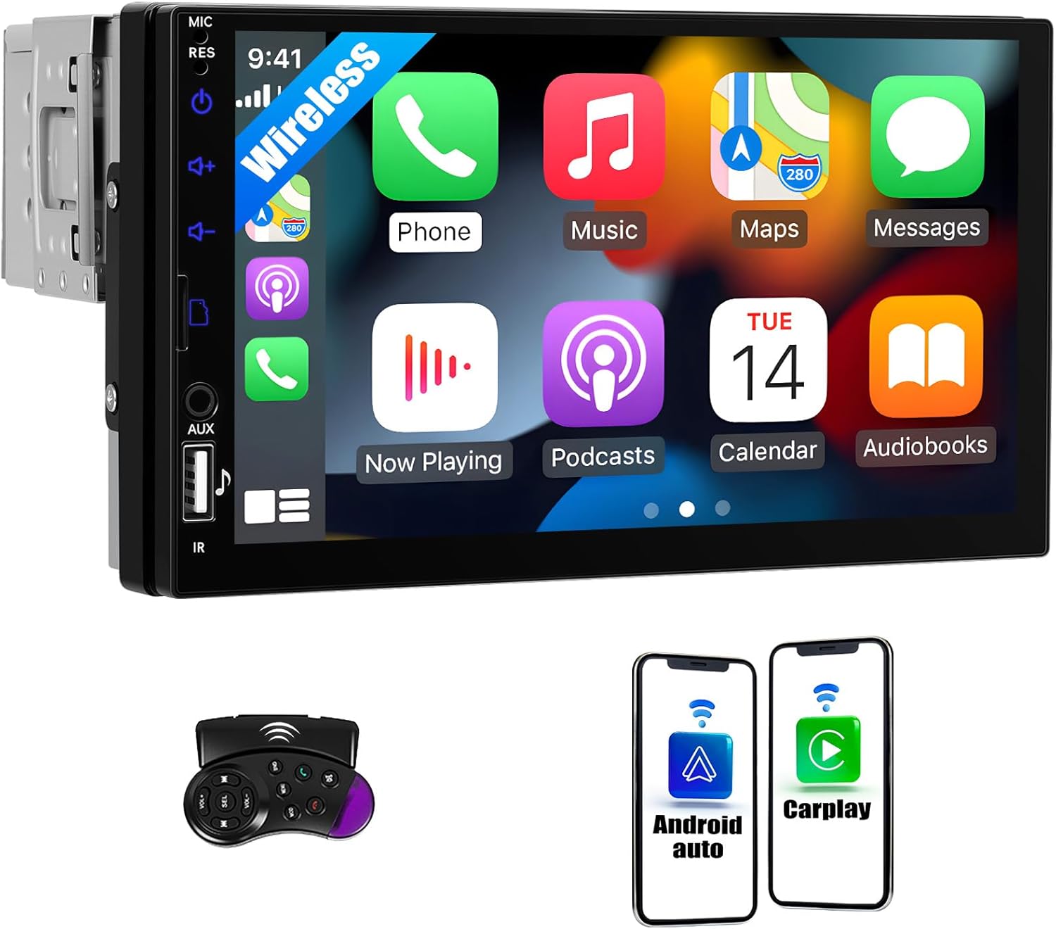 7" Single DIN Car Stereo with Wireless Apple CarPlay, Android Auto, HD Touch Screen Car Radio Bluetooth 5.2 Car Play Car Audio Receivers Support Mirror Link, FM Radio, SWC/USB/TF/AUX Head Unit