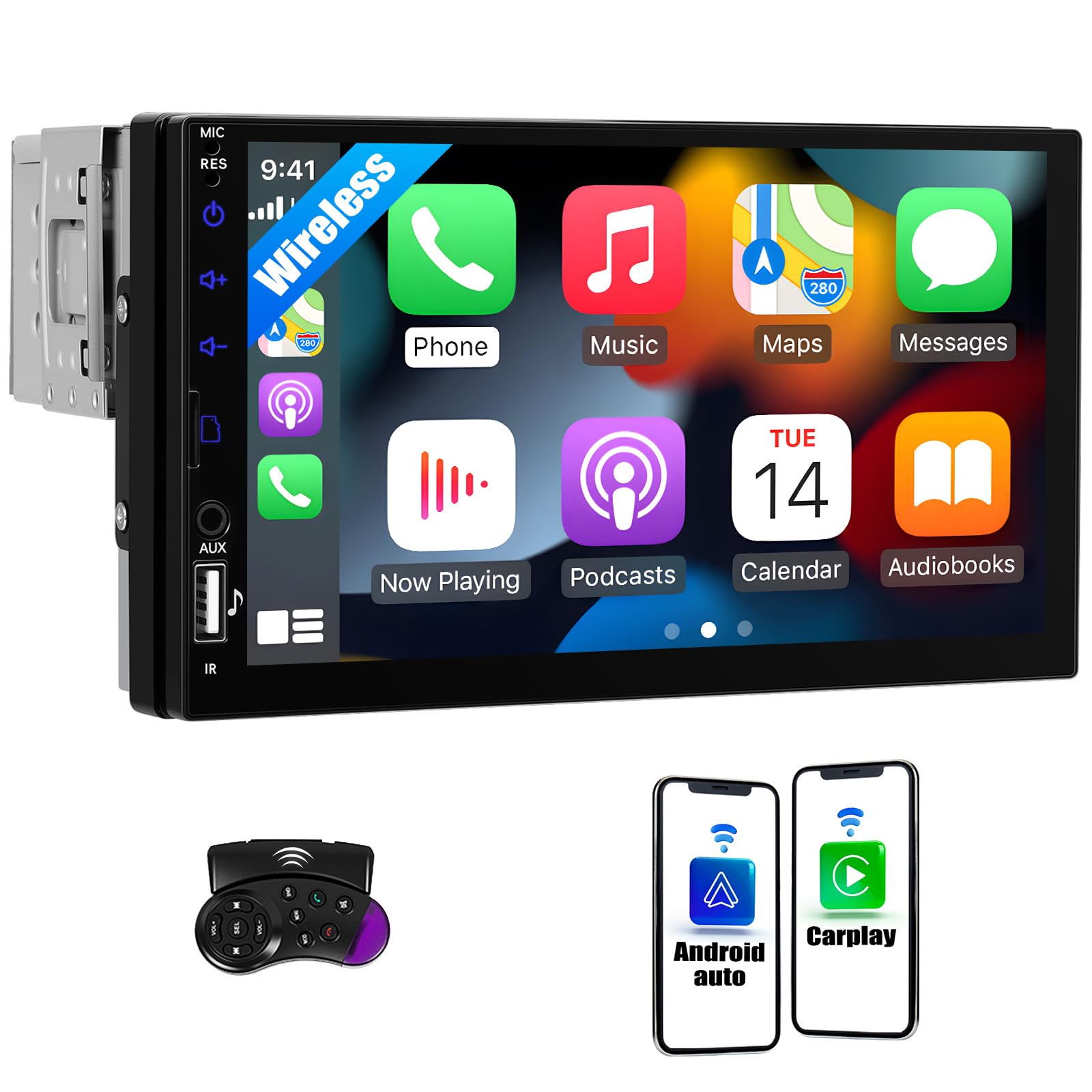 7" Single DIN Car Stereo with Wireless Apple CarPlay, Android Auto, HD Touch Screen Car Radio Bluetooth 5.2 Car Play Car Audio Receivers Support
