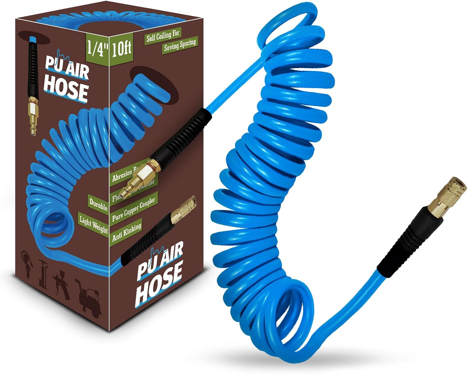1/4 in x 25 ft Polyurethane Air Hose with Bend Restrictor, Air Compressor Hose with 1/4 Solid 100% Pure Copper Quick Connect Fittings and I/M Plug Kit, Coiled PU Air Hose 1/4", Blue