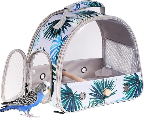 ORIZZP Portable Small Bird Travel Carrier Cage with Stand Perch, Bird Carrier to Carry Parakeet Budgies Parrot Cockatiel Conure Outdoor, Front Clear Window with Floral Printing