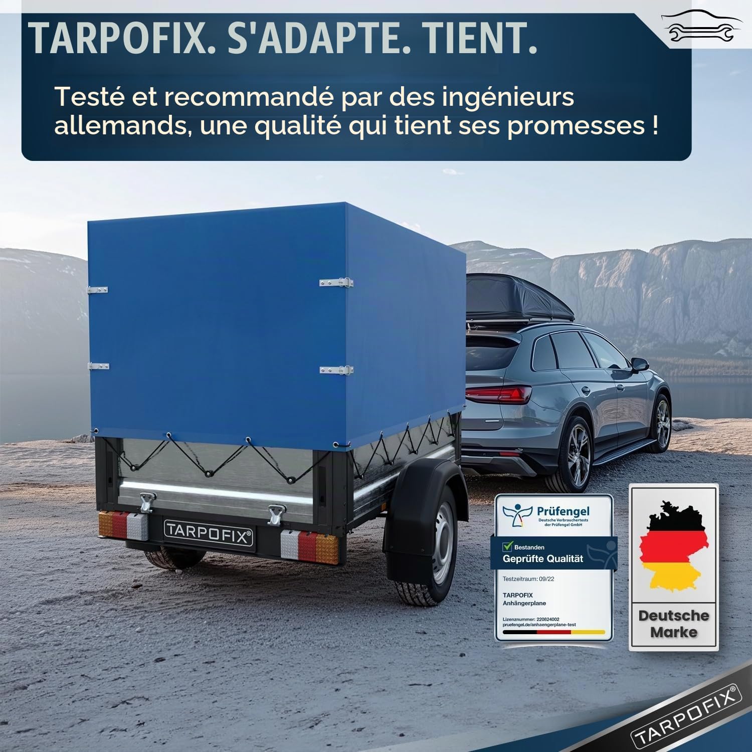 Tarpofix® Bâche de Remorque Haute 210 x 115 x 110 cm & Corde - PVC Robuste Durable - Couverture Idéale pour Divers Modèles de Remorques de 750kg