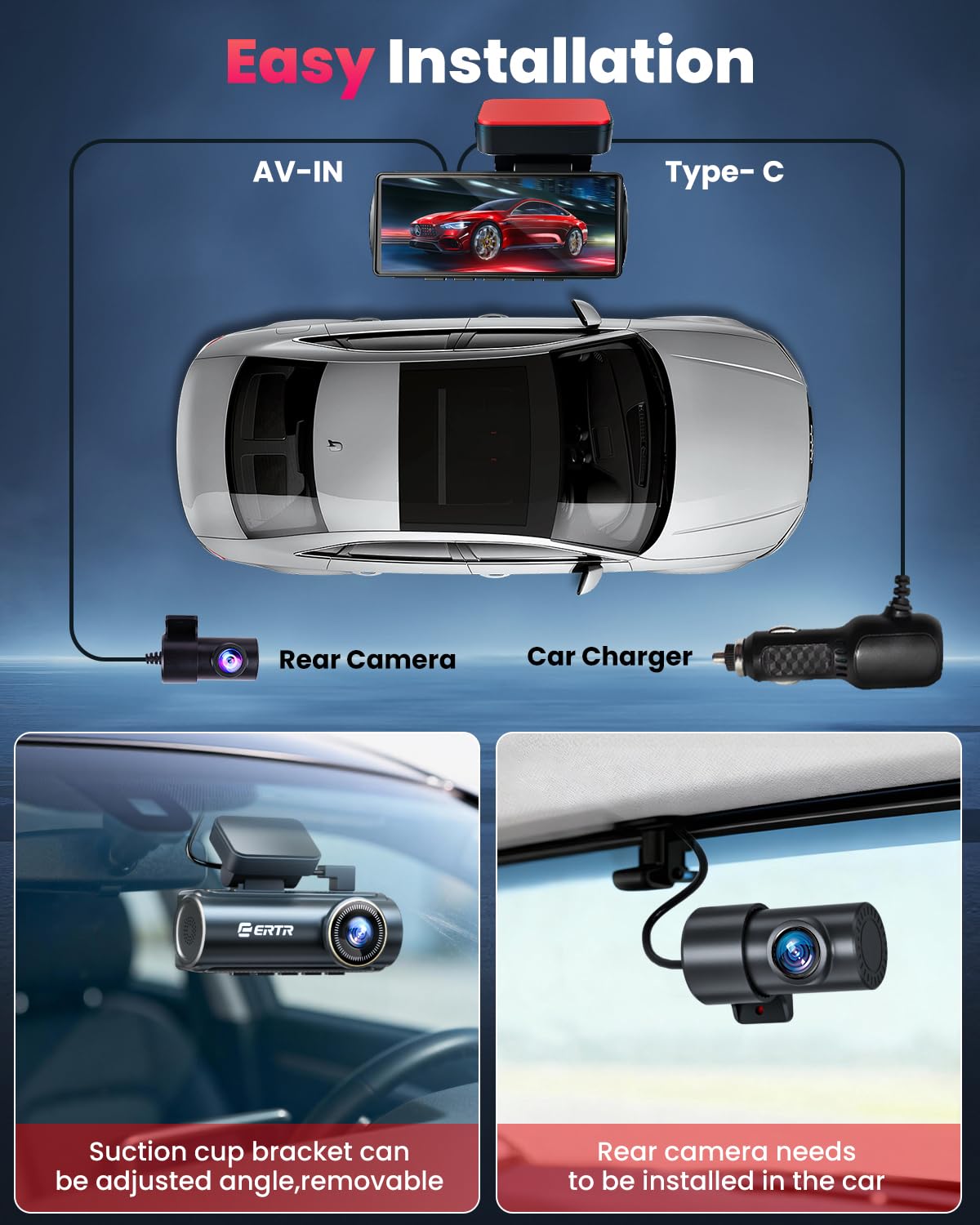 4K Dash Cam Vorne und Hinten, 5GHz WLAN Dashcam mit 64GB SD-Karte, Dual Car Dash Camera, Full HD Dash Cam mit APP-Steuerung, G-Sensor, WDR, USB, Loop Recording Einfache Einrichtung