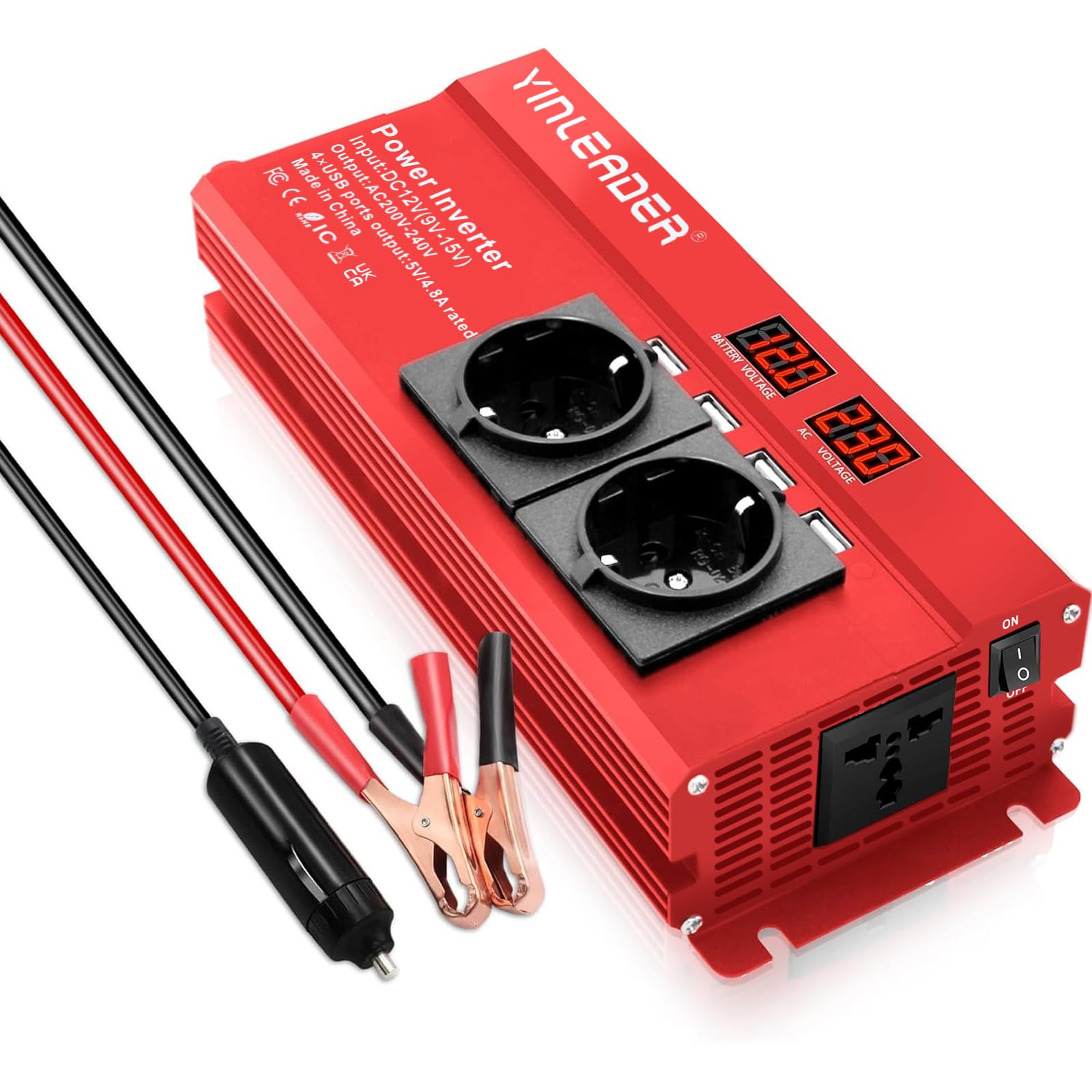 Convertisseur de tension 12 V 230 V 1000 W/2000 W Onduleur avec 2 prises et 4 voyants de tension LED USB