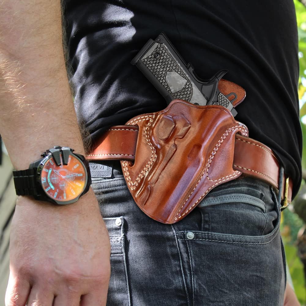 Masc Premium Leather OWB Pancake Holster with Sweat Guard On The Back, Fits Browning 1911-380/22LR Compact Non-Railed Black Label 3.62-inch, Right Hand Draw, Brown Color #1348#