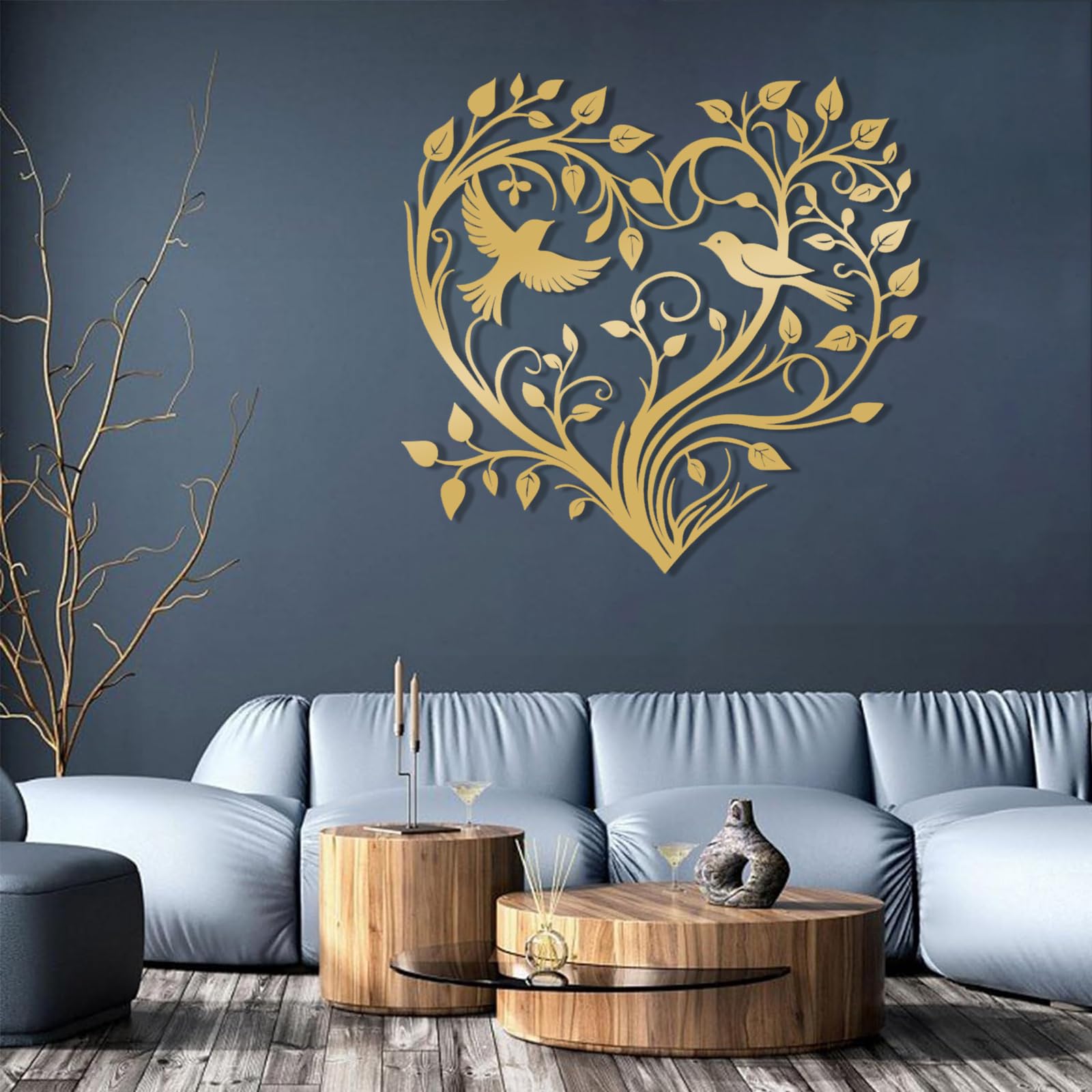 Arte moderna in metallo “cuore, albero e uccelli” per l’ufficio o lo studio