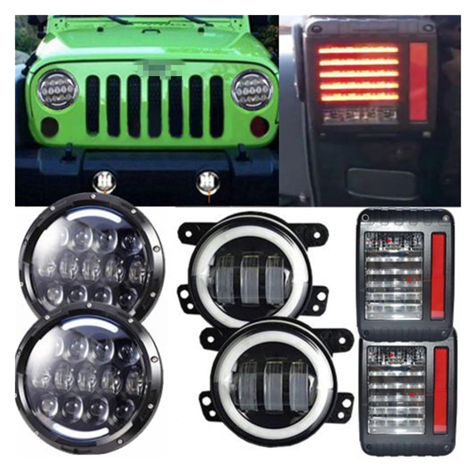 Halo Angel Eye 105W 7" Reflektor LED & amp; Tylne tylne światło hamowania LED & 4'' Światła przeciwmgielne kompatybilne z Jeepem Wranglerem JK(USA VERSION)