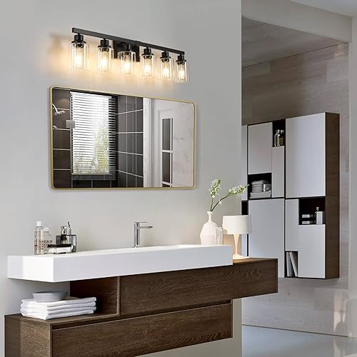 Miniatura 138 de Lámpara de tocador de baño, 4 luces, moderna lámpara de pared dorada mate con pantalla de vidrio transparente, luces de pared negras, lámparas