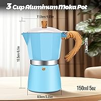 Vista 2 de Cafetera clásica de aluminio para 3 tazas, cafetera espresso de 5.1 fl oz, 5 onzas, cafetera de moca, olla greca, cafetera para café italiano y Azul