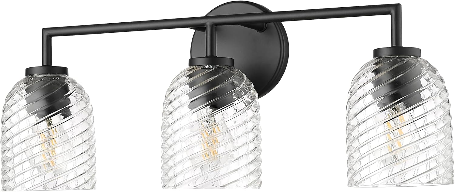 ML Lighting | Catania Collection | 22203-MB | 3 Light Vanity in Matte Black Finish with Clear Swirl Glass Shade | Versatile Design That adds High-End Texture and Elegance to Your Bathroom