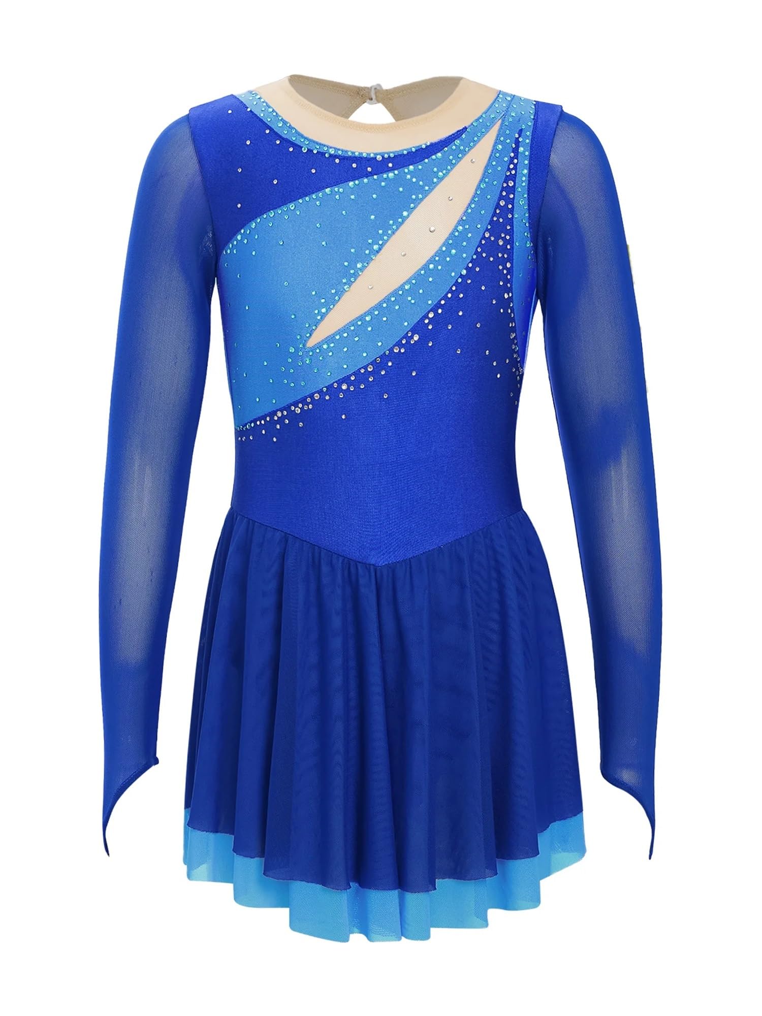 Vestidos de Patinaje artístico Brillantes con Diamantes imitación for niñas, Vestido Leotardo Baile Ballet Bloques Color, Ropa Manga Larga Malla Transparente