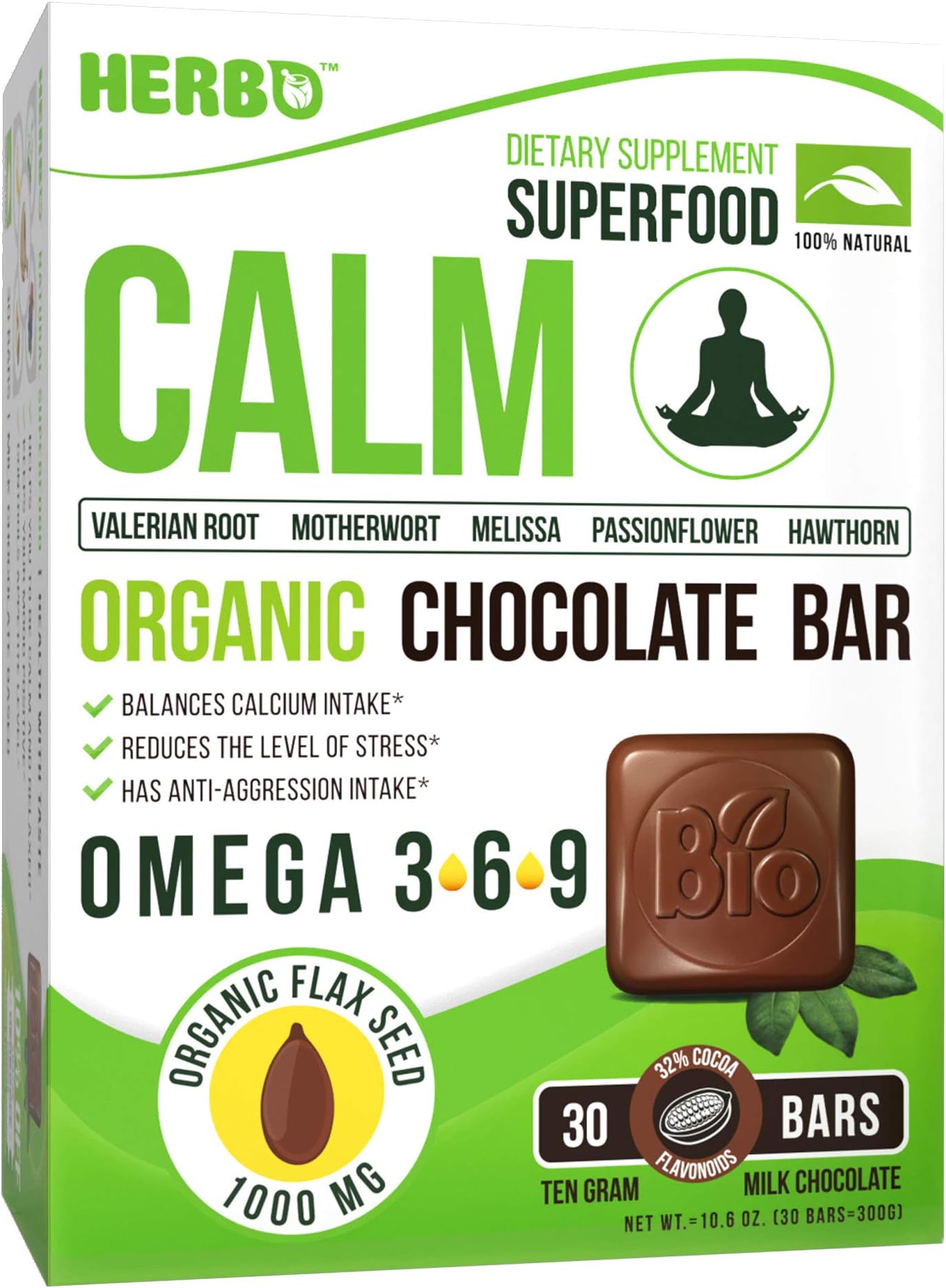 Calm Supplement in Organic Milk Chocolate by Herbo Superfood - To Relief Anxiety, Calms Nerves, Mind and Helps for Restful Sleep - Valerian Root, Melissa, Passionflower, Motherwort, Magnesium, Calcium