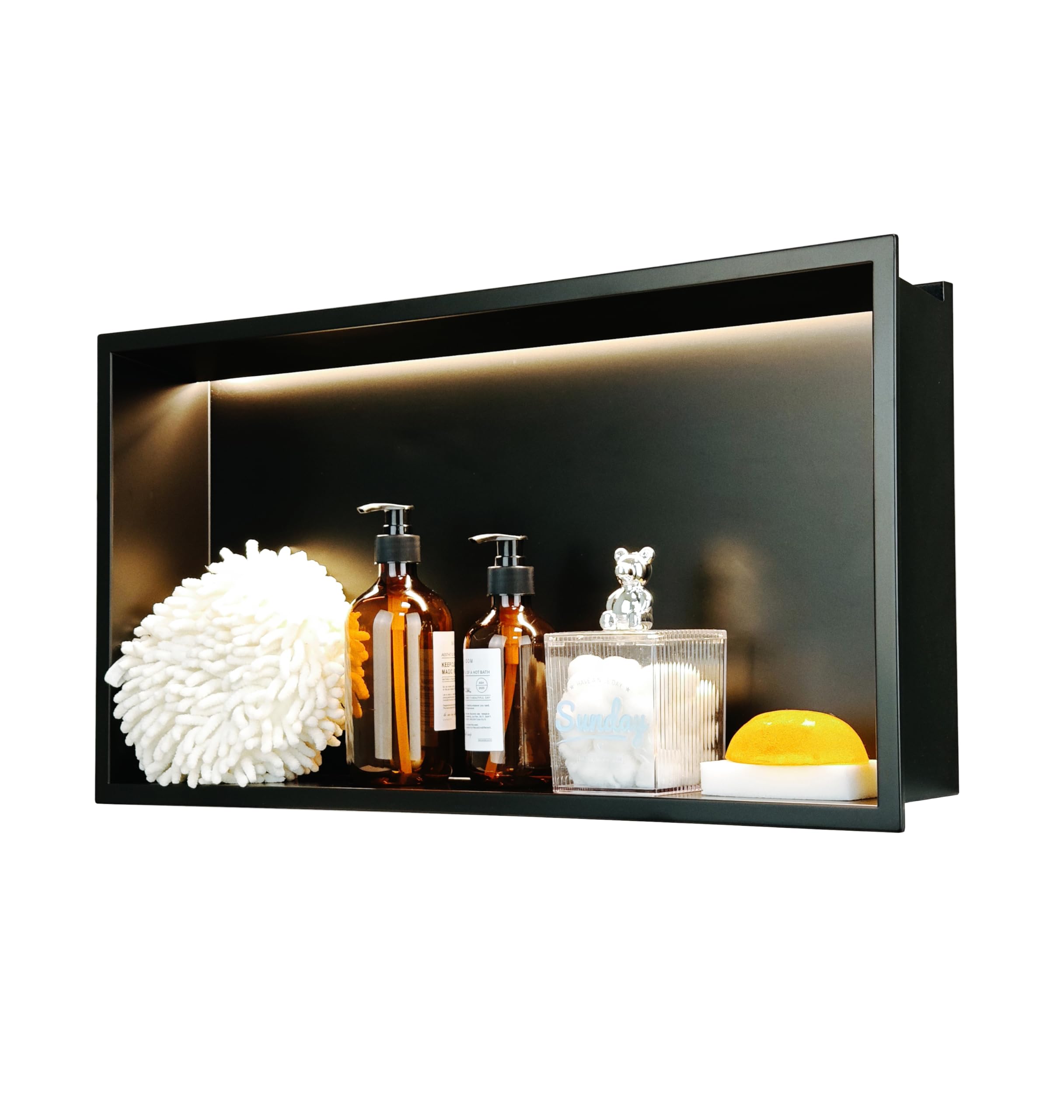 LED Edelstahl Einbaunische Wandnische für Dusche，Integrierte Fliesenlose Duschablage aus Rostfreiem Edelstahl, Badezimmer-Aufbewahrung für Shampoo & Duschgel (Matt schwarz, 60X30cm)