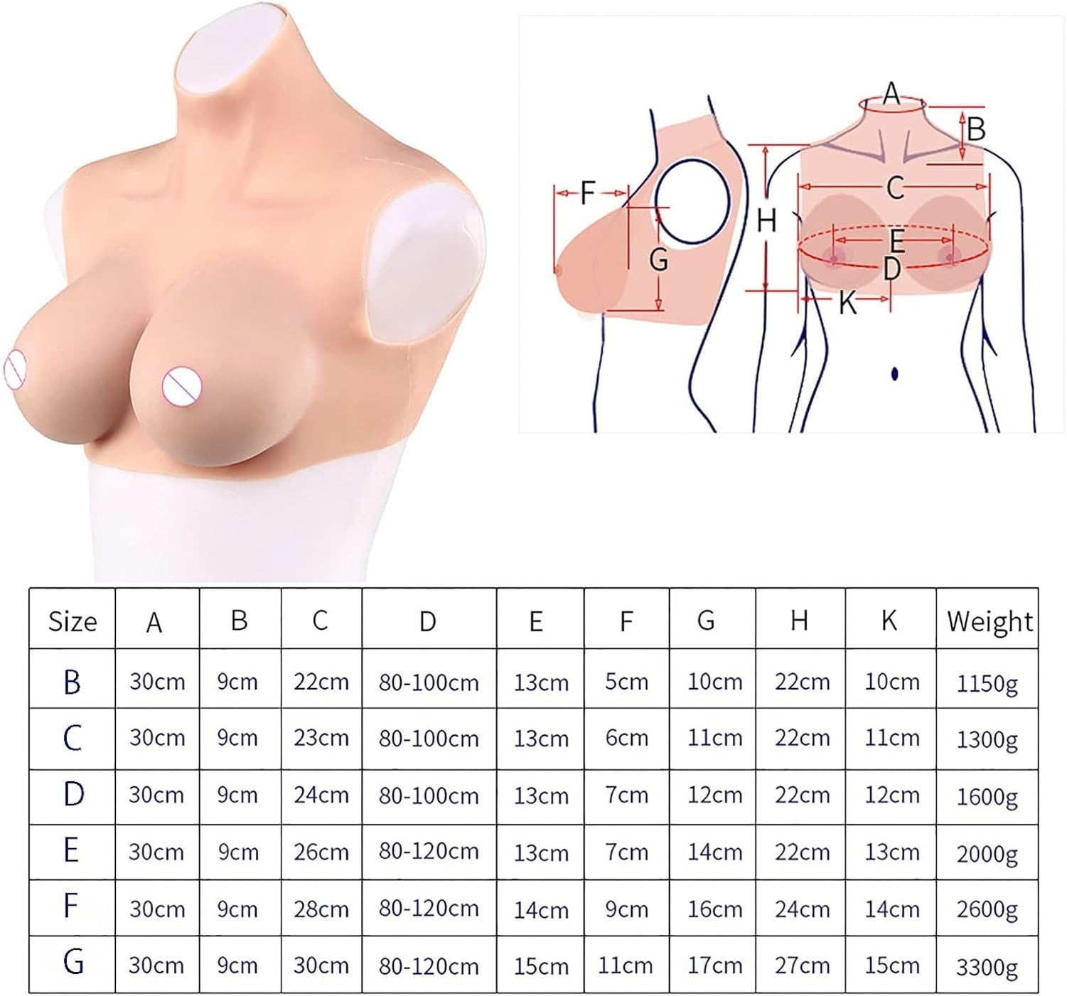 Plaque pectorale en Silicone Buste B-G Coupe Ronde col Rond Fausse Poitrine Gel Liquide pour Mastectomie Drag Queen travesti Cosplay Taille D, D Cup, D Cup