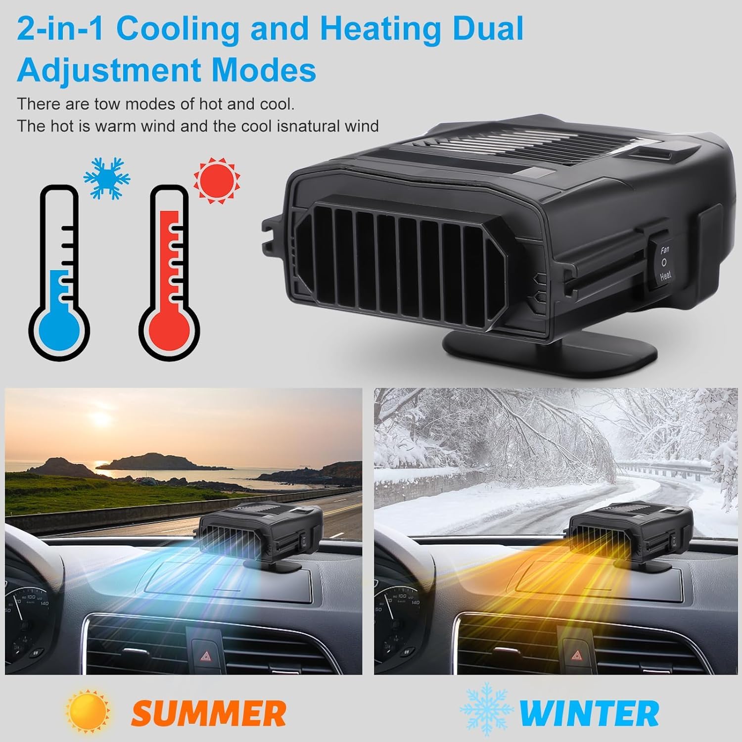 Coikes 150W 12V Désembueur De Voiture Pare-Brise Portable Chauffage De Voiture Ventilateur De Refroidissement Chauffage Portable De Voiture 2 en 1 Dégivreur Chauffage De Voiture avec Pivotant à 360°