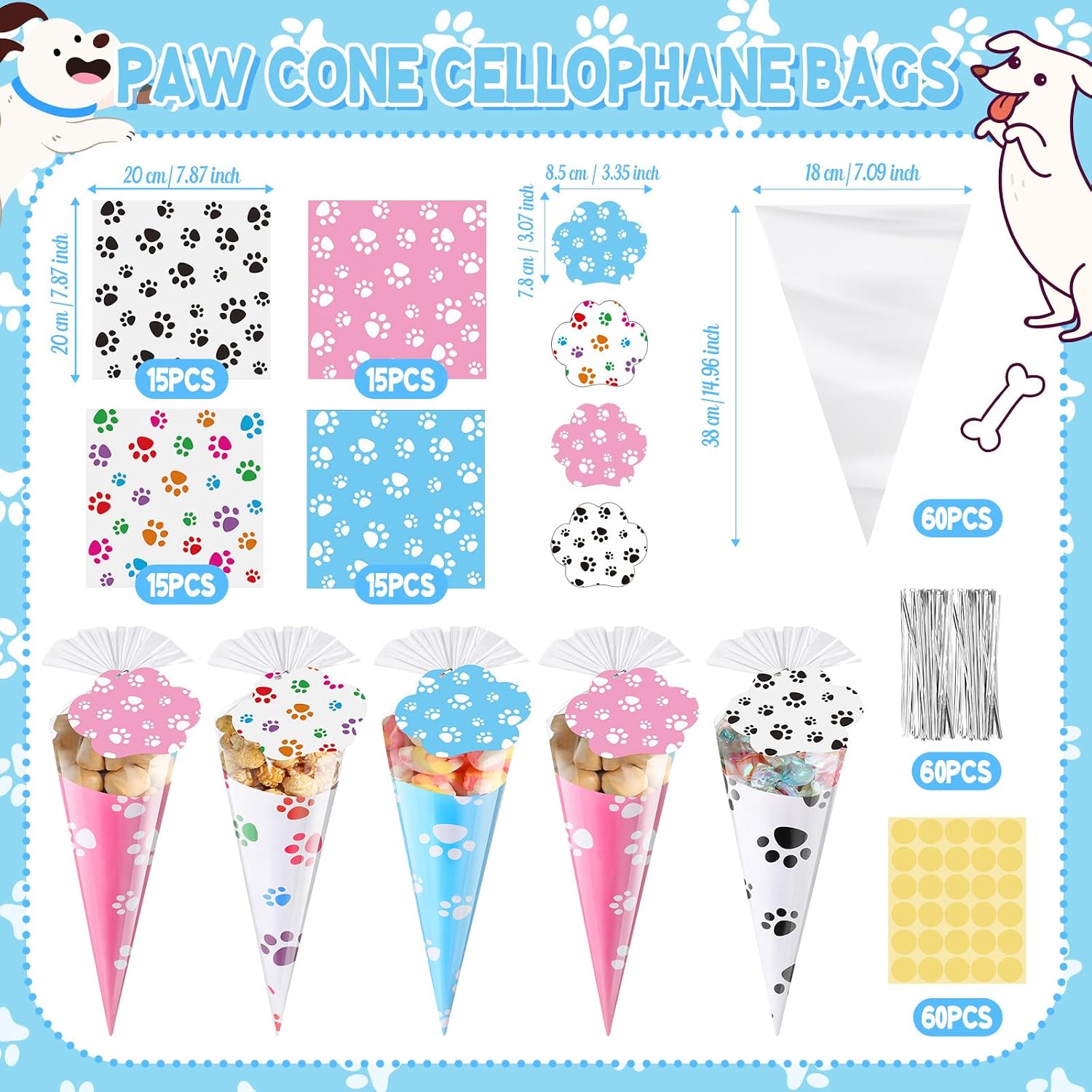 Blosssound 60 Set Paw Cone Cellophane Bags with Gift Tags Clear Triangle Shaped Party Favor Streat Bags Snack Popcorn Candy Gifts Packaging for Birthday Festival Holiday Summer Party Supplies image 3