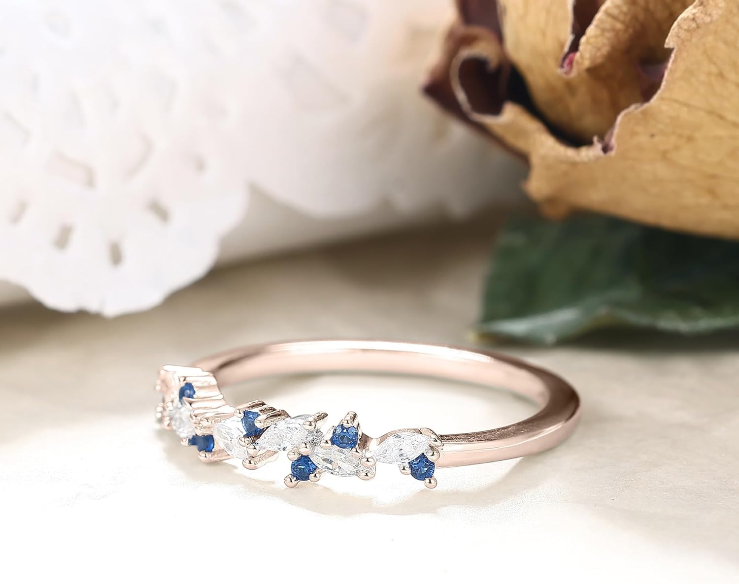 Art Deco Bridal Wedding Band for Women Created Blue Sapphire Cubic Zirconia 925 Sterling Silver Plated White/Rose Gold Half Eternity Birthstone Promise Ring for Her Size 4-9