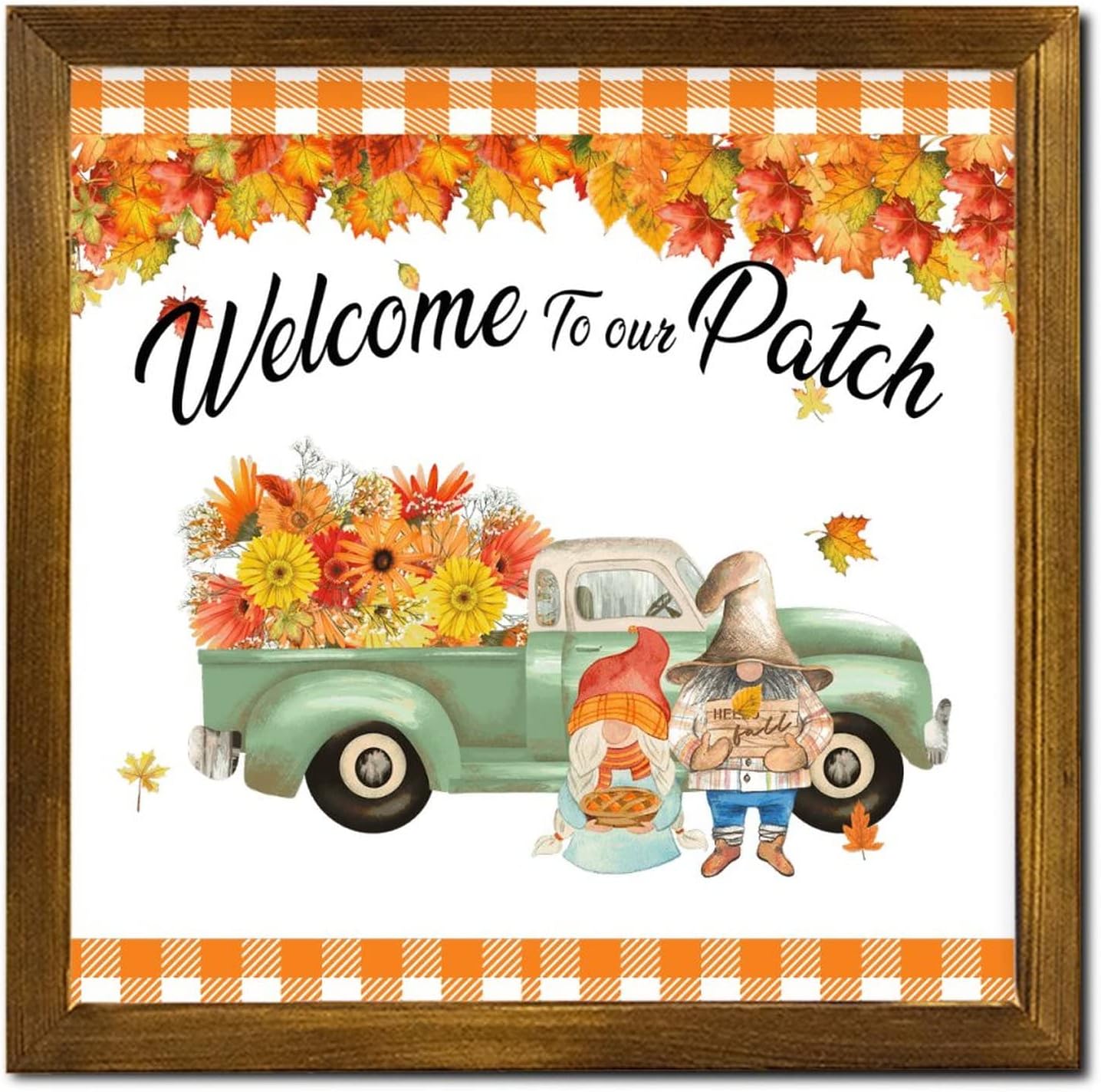 Welcome to Our Patch Green Truck Framed Wood Sign Gnome Pumpkin Sunflower Maple Leaves Porch Sign Vintage Autumn Harvest Wall Art Hanging Farmhouse Decoration Plaque for Living Room 12x12 inch