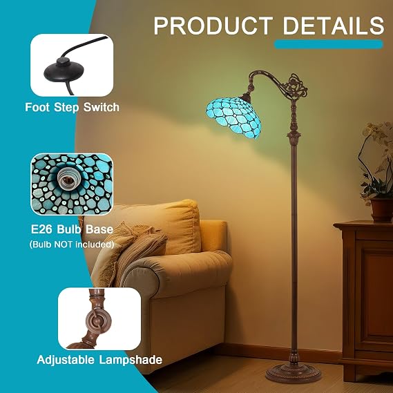 Capulina Tiffany Lamp Stained Glass Floor Lamp 62 Inches Tall Sea Blue Beads Antique Soft Light Arched Adjustable Angle Reading Floor Lamp for Living Room Bedroom Home Office