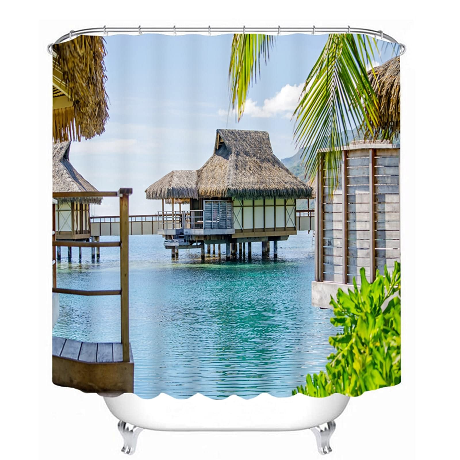 Rideau de douche imprimé chalet bleu 180x200 polyester lavable KnSam