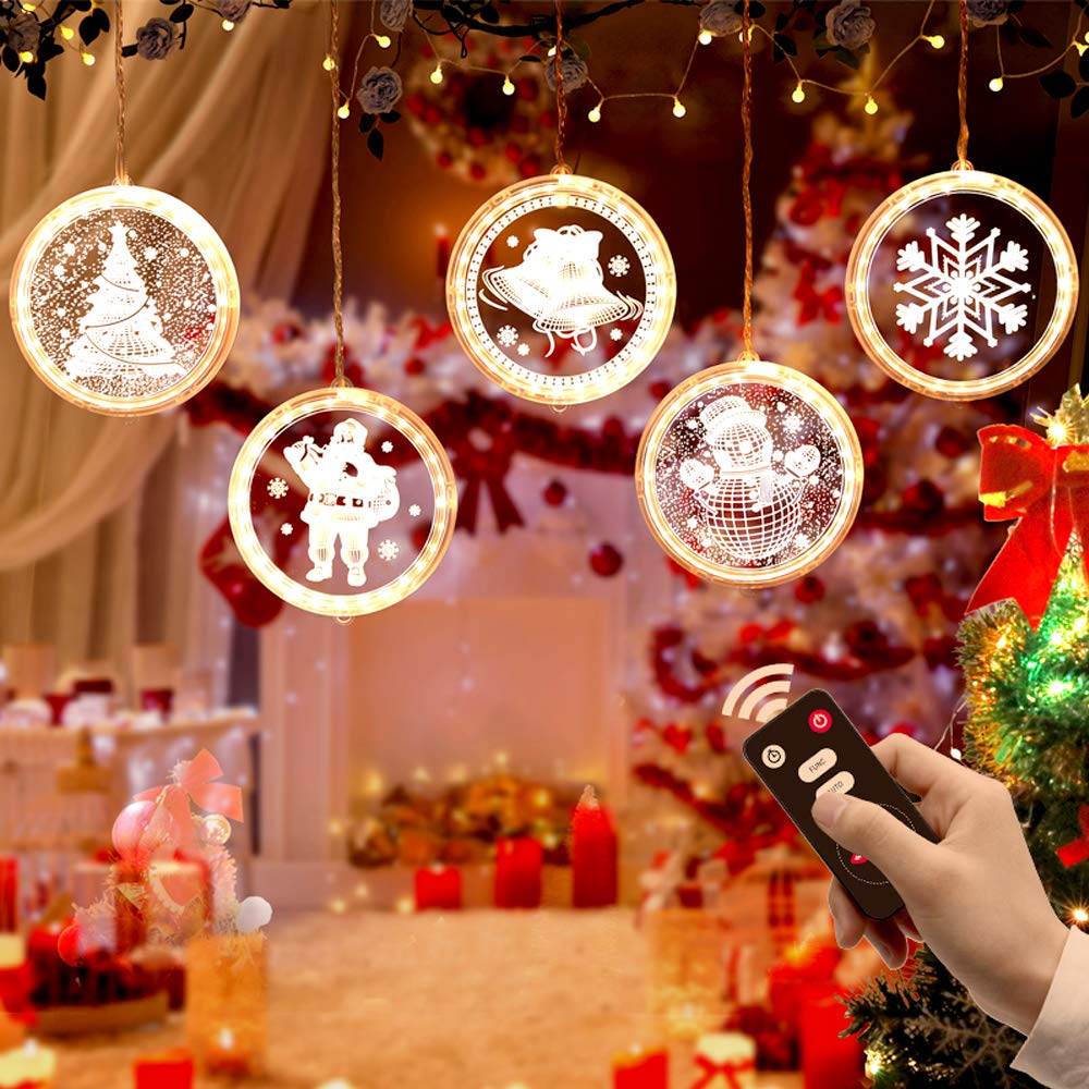 Luces de noche de Navidad colgantes, 5 luces de cortina 3D con control remoto para exteriores, luces de cadena para interiores, lámpara de cadena de hadas para ventana, luces de decoración de Navidad