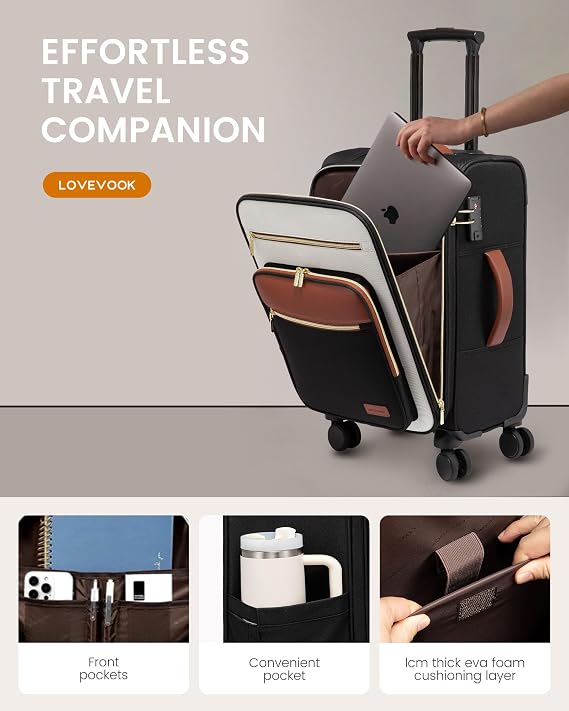 LOVEVOOK Carry on Suitcase 22x14x9 Airline Approved,20 inch Lightweight Waterproof Suitcases with 360 silent swivel wheels, TSA Lock and Compartment, Large Capacity travel Suitcase Black