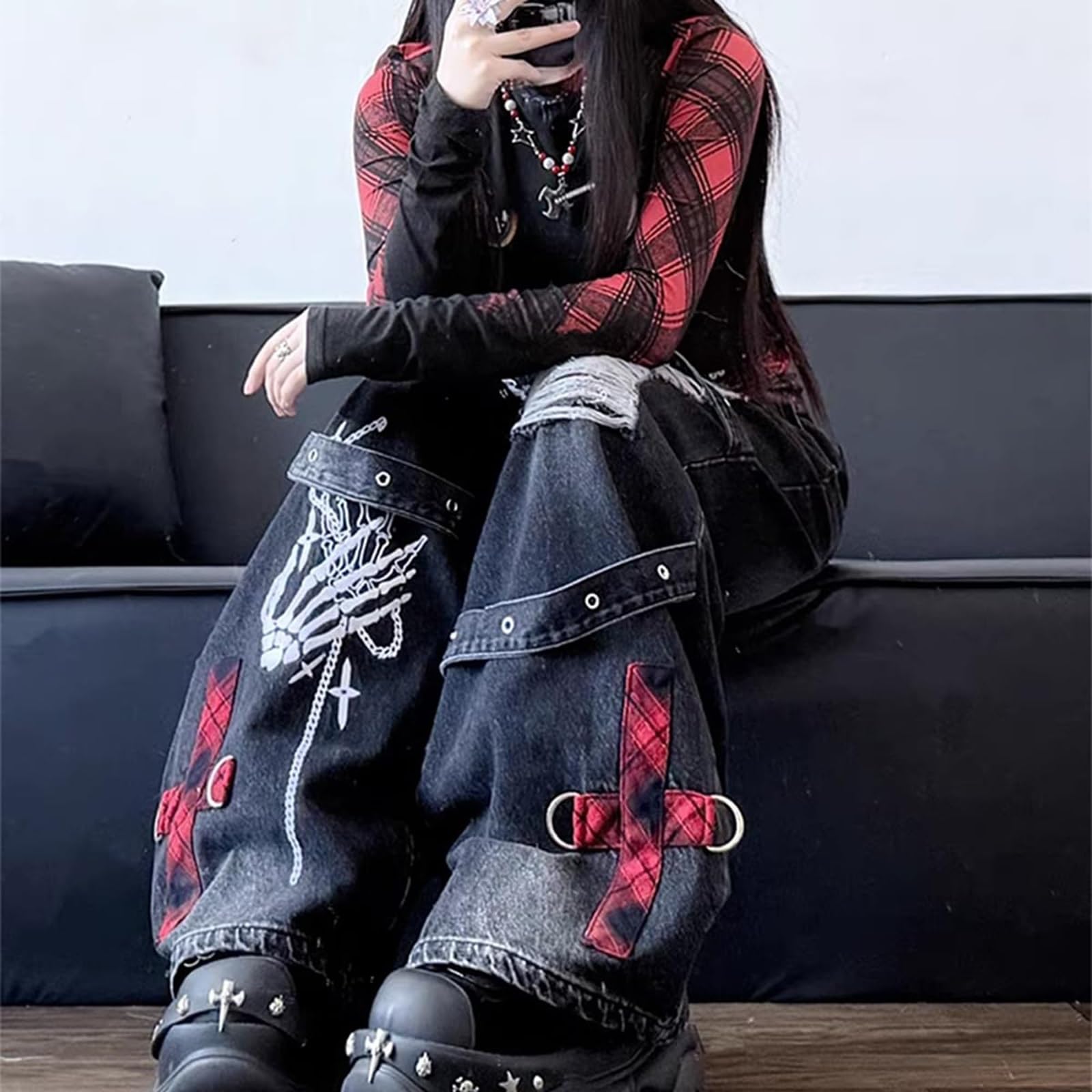 Y2K Ripped Grunge Baggy Jeans Hose Emo Damen Goth Straight Leg Hose High Waist Alt Y2K Hose Kleidung