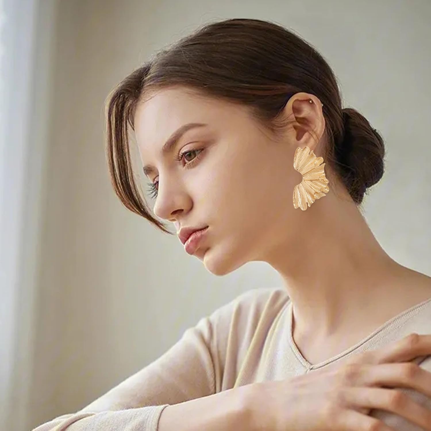 Gold Statement Stud Earrings for Women Bohemian Large Geometric Ginkgo Leaf Flower Sectored Dangling Drop Earrings Jewelry - Image 2