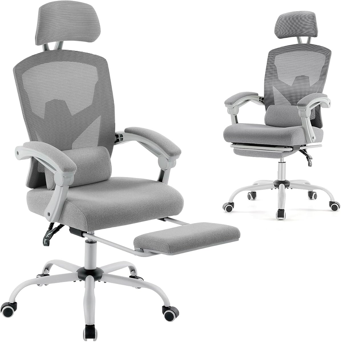 DUMOS Home Office Desk Chair with Footrest, High-Back Mesh Rolling Swivel Reclining Chairs with Wheels, Comfortable Headrest, Lumbar Support, Comfy Arms for Home, Office, Gaming, Student,Elegant Grey